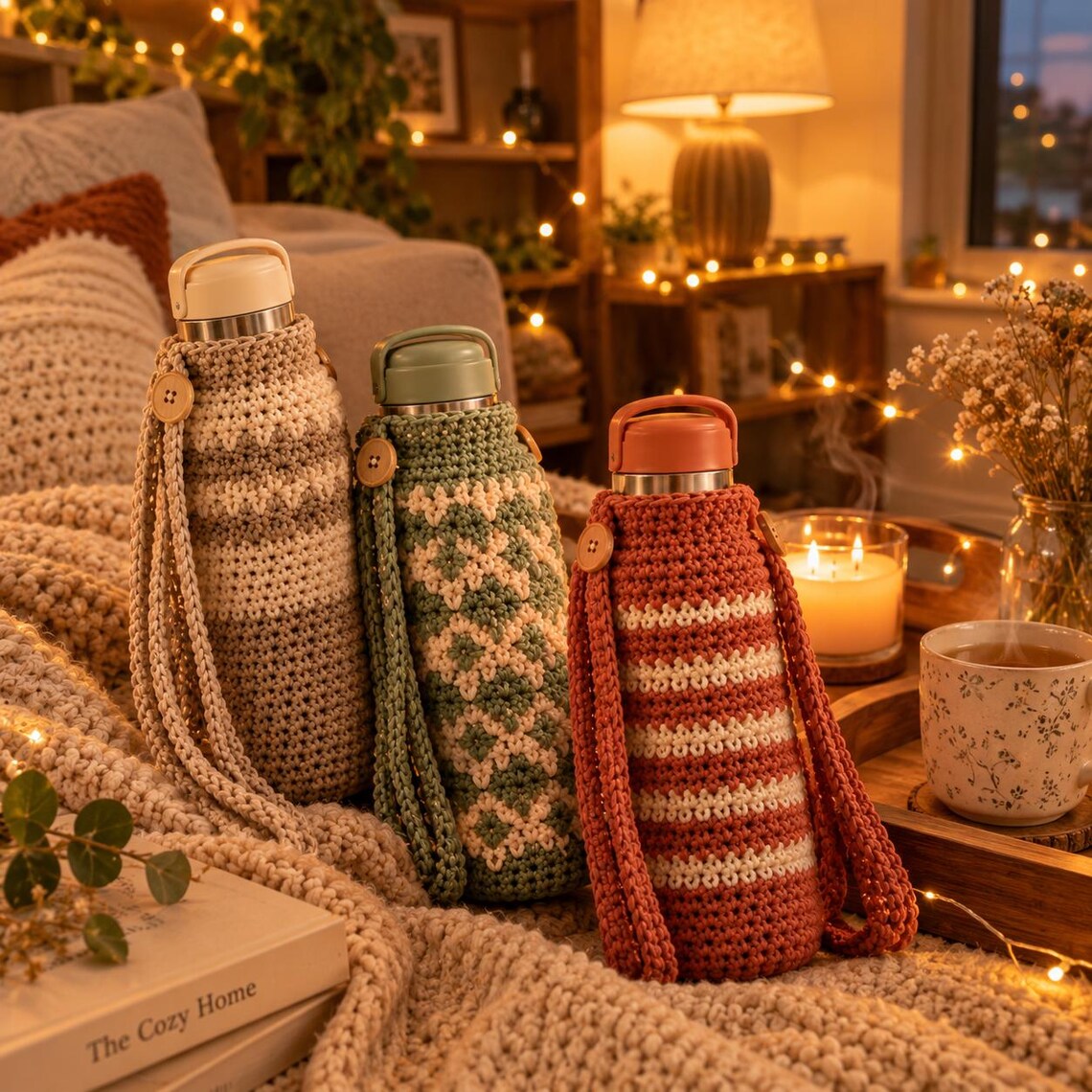 Handmade Crochet Water Bottle Covers, Set of 3, Boho Style Bottle Holders