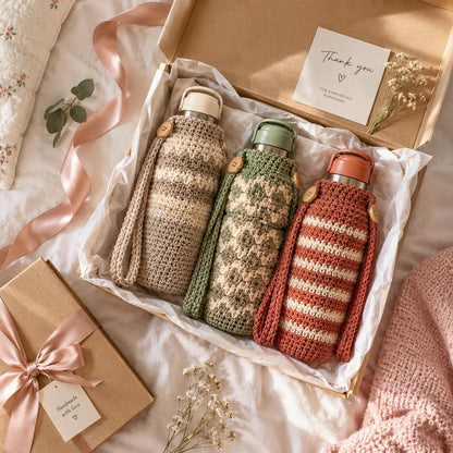 Handmade Crochet Water Bottle Covers, Set of 3, Boho Style Bottle Holders