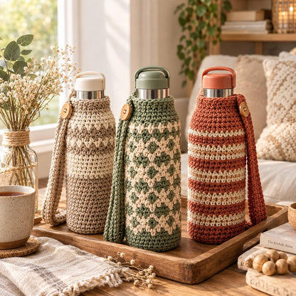 Handmade Crochet Water Bottle Covers, Set of 3, Boho Style Bottle Holders