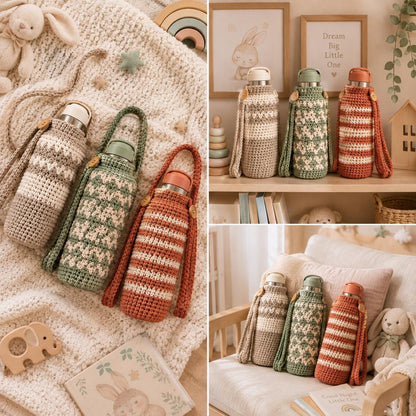 Handmade Crochet Water Bottle Covers, Set of 3, Boho Style Bottle Holders