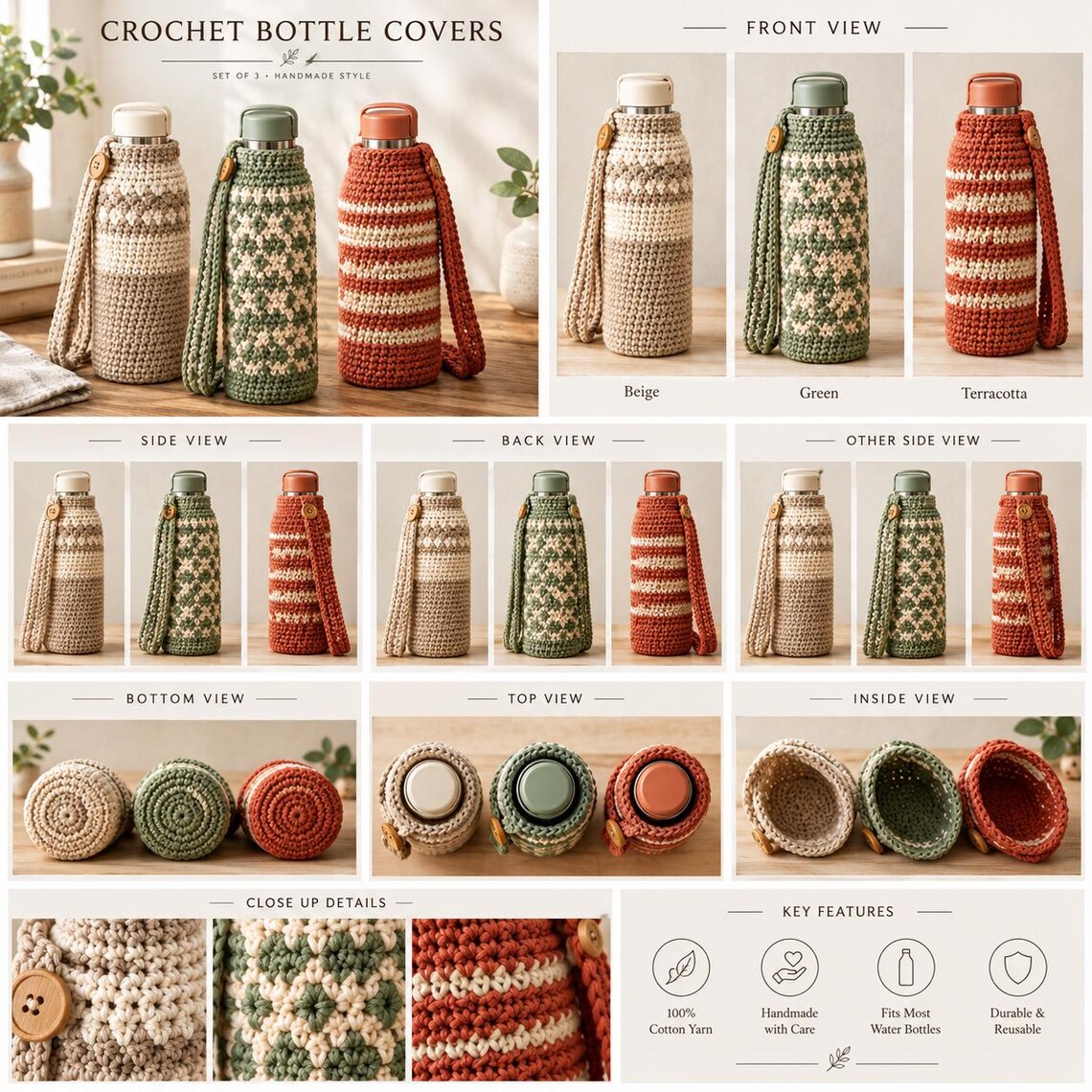 Handmade Crochet Water Bottle Covers, Set of 3, Boho Style Bottle Holders